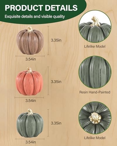 GoGnome Set of 3 Mini Resin Pumpkins – Hand-Painted Fall Harvest Table Decorations in Brown, Orange & Green, 3.5” Autumn Décor for Thanksgiving Day Farmhouse Styling (Multicolor) - Image 3