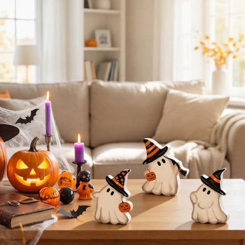 Smile Halloween Wooden Standing Decor Set Cute Ghost with Witch Hat - Image 3
