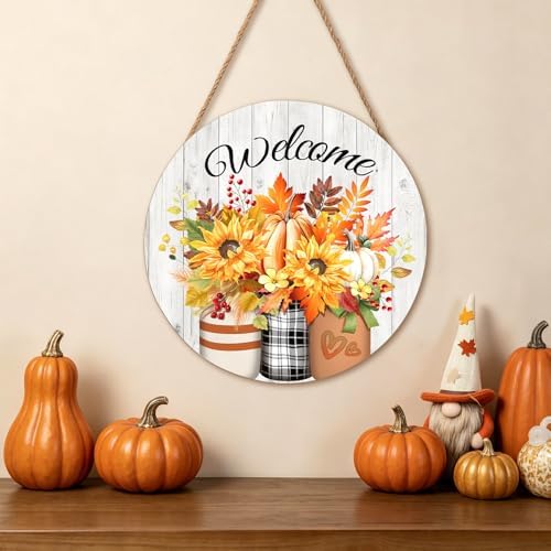 Harooni Fall Welcome Sign Door Sign 12"x12" Rustic Fall Decorations Hanging Door Sign Thanksgiving Farmhouse Welcome Round Wooden Sign for Home Front Door Wall Porch Yard Garden - Image 3