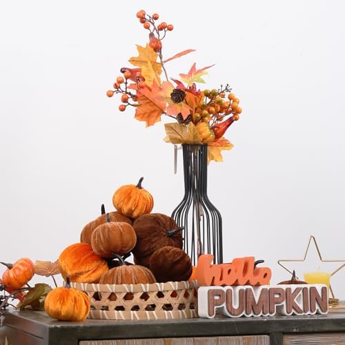 17 Pack Fall Artificial Velvet Pumpkins Decorations, Foam Faux Flocked Pumpkin Including Wooden Hello Pumpkins Sign, for Home Autumn Harvest Theme Party Halloween Thanksgiving Table Decor. - Image 3