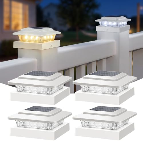 kolpop 4x4 Solar Post Cap Lights Outdoor 4Pack- 3 Color Temperatures&2 Level Brightness, IP65 Waterproof, 16 LED Fence Deck Post Light Solar Powered Only for 4×4/3.5×3.5 Wood/Vinyl Posts(White) by kolpop