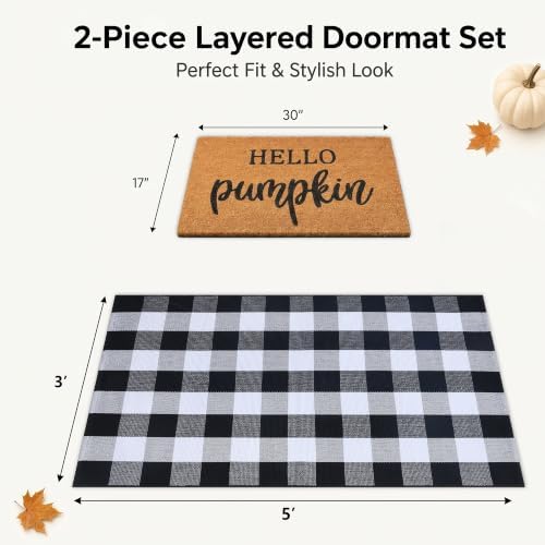 Fall Decor Doormat Combo Set, 100% Coco Coir Welcome Mat + 3' x 5' Black and White Plaid Rug - Fall Thanksgiving Front Porch Entryway Decor Floor Mat, Indoor Outdoors Autumn Mats Hello Pumpkin - Image 2