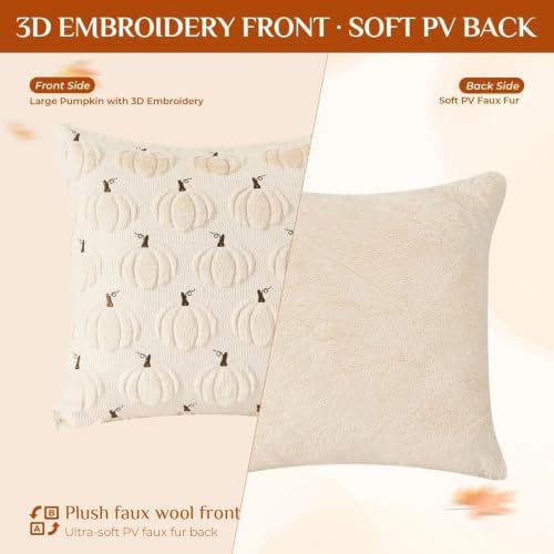 Fall Beige Pillow Covers 20x20 Set of 2 Double-Sided Pumpkin Decor - Image 2