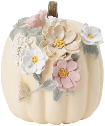 DiliComing Fall Pumpkin Décor Halloween Decorations - 9 Inch Creamy White Resin Pumpkins for Decorating Handmade Floral Carvings for Mantel Tabletop Shelf Indoor Outdoor Autumn Thanksgiving Gifts by DiliComing