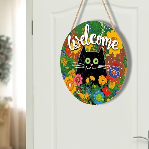 Welcome Spring Summer Black Cat Sign for Front Door Decor Spring Flowers Door Hanger for Outdoor Outside Porch Seasonal Summer Farmhouse Wooden Wreath Colorful Wall Hanging Decoration 12"x12" - Image 7