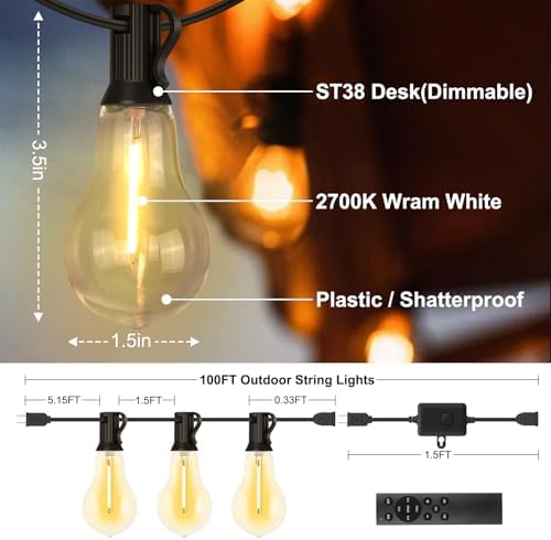 100FT Outdoor String Lights64+4 Bulbs,120W Dimmer Remote IP65 Watterproof - Image 5