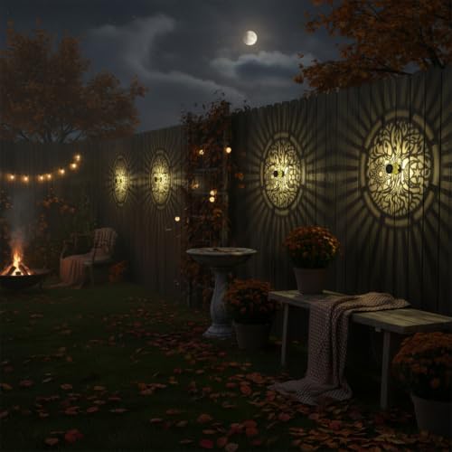 gardencave 4 Pack Solar Fence Lights Metal Solar Powered Outdoor Wall Deck Step Lights Tree Theme Waterproof Fence Light for Garden Post Patio Backyard Yard Decor (Tree, 4 Pack) - Image 6