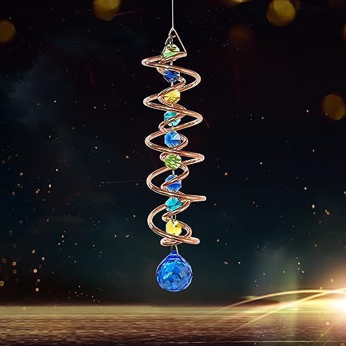 FONMY Gazing Ball Spiral Tail -Decorative Wind Spinner Sun Catcher Rainbow Maker Copper Double-Spiral W/Sea Blue Crystal Ball and Chain Crystals Beads for Indoor Outdoor Garden Decoration -14 inch H by FONMY