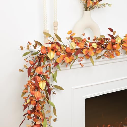 Fall Decor, Fall Garland, 6FT Autumn Eucalyptus Leaves Pumpkin Garlands - Image 2