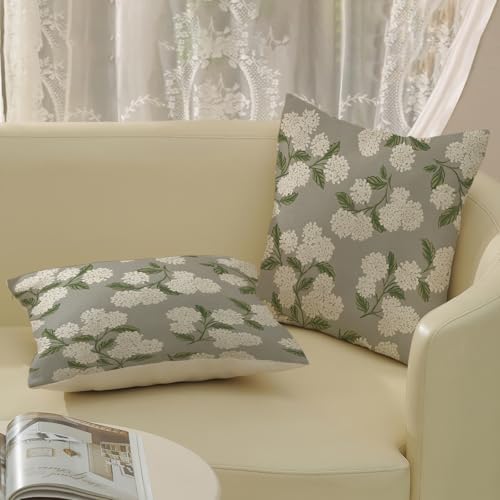 Grey Pillow Covers 22x22 Inch 2 Pcs Gray Green Hydrangea Flower Decor Throw Pillows Vintage Floral Seasonal Spring Summer Outdoor Decoration Pillowcase Linen Cushion Cover for Couch Sofa - Image 4