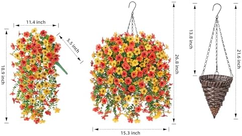 HyeFlora Artificial Hanging Flowers Basket for Outdoor, Fake Flowers Faux Plants Look Real for Yard Gardens Porch Patio Home (Orange+Yellow) - Image 4