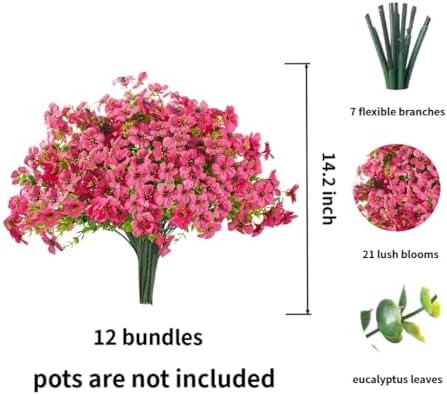 Artificial Outdoor Flowers UV Resistant Fake Plants Greenery 12 Bundles Faux Silk Daisy with Eucalyptus Leaves Summer Outdoor Mothers Day Decor for Porch Patio Yard Garden Farmhouse, Hot Pink - Image 3