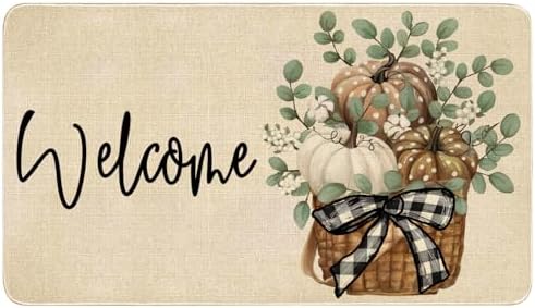 Fall Door Mat Outside,Pumpkin Eucalyptus Welcome Mat for Front Door,Thanksgiving Autumn Indoor Outdoor Non-Slip Rugs,Fall Doormat for Farmhouse Home Porch Decorations (Brown 30" x 17") by Xsinufn
