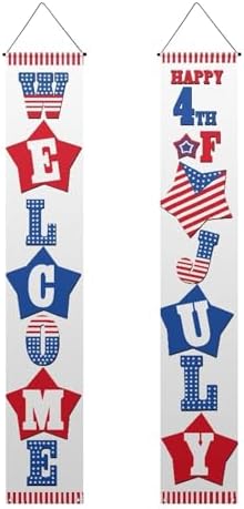 doginthehole 2 Pcs 4th of July Door Banners for Outside Welcome Porch Sign Home Decorations Memorial Day Banner Decorations Patriotic Independence Day Hanging Banner for Party Door Outdoor - Image 2
