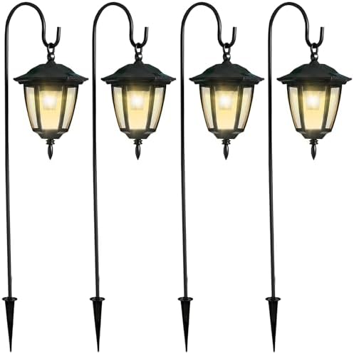 Dynaming 4 Pack Solar Hanging Lights Outdoor, Solar Powered Garden Decorative Lanterns with 4 x 38 Inch Shepherd Hooks, Waterproof Landscape Lighting for Lawn Patio Yard Pathway Driveway, Warm White by Dynaming