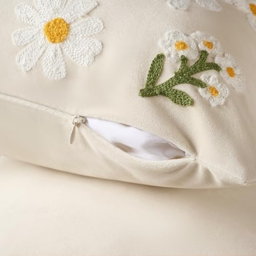 Softalker Spring Summer Outdoor Floral Throw Pillow Covers 18 x 18 Inch Set of 1, Farmhouse Embroidered Decorative Flowers Cushion Covers, Soft Velvet Pillow Cases for Couch Sofa Home Decor, Beige - Image 3