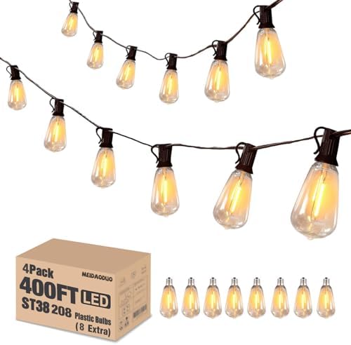 LED Outdoor Edison String Light 400FT Patio Lights with 200+8 Extral Shatterproof ST38 Vintage 2200K Bulbs Outside Lights Waterproof for Patio Porch Pergola Garden backyard,4Pack x 100FT Connectable by Meidaoduo
