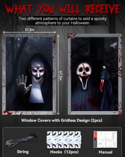 2pcs Halloween Window Cover Decor, Scary Ghost Curtain Outdoor - Image 2