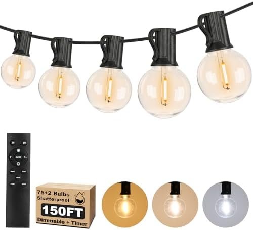 150FT LED Outdoor String Lights with Dimmable 3 Color Lights with Remote by BestChoiceforYourLife