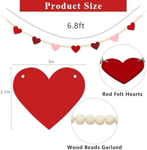 DAZONGE Valentines Day Decorations, Wood Bead Garland with Felt Hearts for Valentine Decor, Red and Pink Farmhouse Valentine’s Day Banner for Wedding, Anniversary Decorations - Image 3