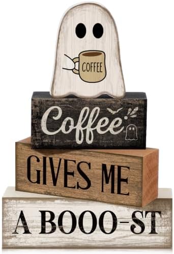 Lineshading 4 Pcs Halloween Tiered Tray Decor, Wooden Ghost Coffee Blocks by Lineshading