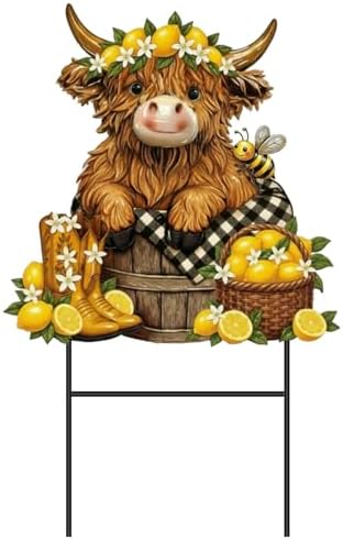 Amyhill Lemon Highland Cow Outdoor Decor Summer Lemon Garden Metal Stakes Decorative Highland Calf Lovers Yard Signs with Stakes for Summer Farmhouse Holiday Garden Lawn Decor by Amyhill
