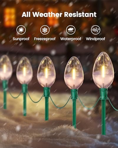 SURAIELEC Jumbo C9 Christmas Lights, 20FT Christmas Pathway Light Outdoor, 10 Warm White Giant LED Bulbs, 10 Ground Stakes for Holiday Yard Lawn Garden Walkway Decorations, UL Listed (Pack of 2) - Image 4