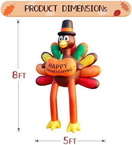 DomKom 8 FT Thanksgiving Turkey Inflatable Outdoor Decorations, Giant Roof Blow Up Turkey with Happy Thanksgiving Pumpkin Sign, Long Legs & Built-in LED Lights for Yard Lawn Garden Holiday Decor - Image 2
