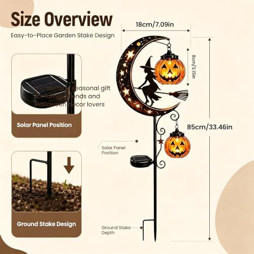 Solar Halloween Black Cat Garden Stake Light – Metal Crescent Moon & Pumpkin Lantern Yard Decor, Auto On/Off Waterproof LED Landscape Lighting for Patio Lawn Pathway (E) - Image 2