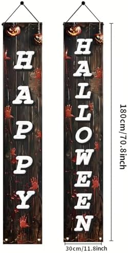 2PCS Halloween Porch Banner Decorations 71 x 12 Inch Happy Halloween Vertical Hanging Sign Scary Bloody Handprint Front Door Banner for Outdoor Haunted House Yard Party Wall Decor - Image 2