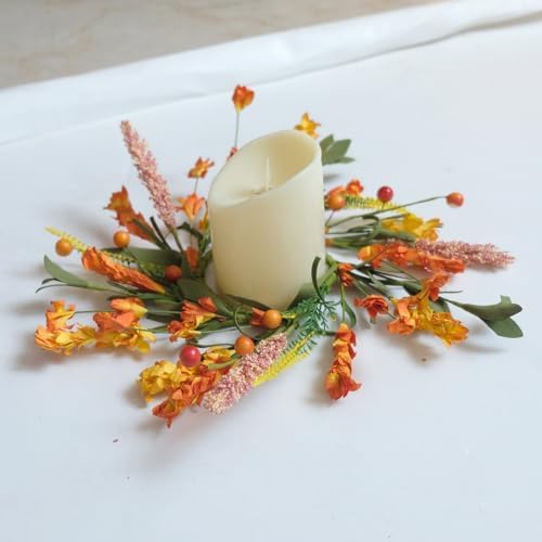 6pcs 11” Fall Mini Forsythia Flower Mini Candle Wreath for Home Decor, Set of 6 Pcs Autumn Flower Mini Wreaths Set for Closet Kitchen Fireplace, Fall Forsythia Candle Ring - Image 2