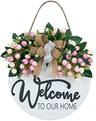 Spring Summer Welcome Wreath for Front Door, Farmhouse White Welcome Sign by Vofuly