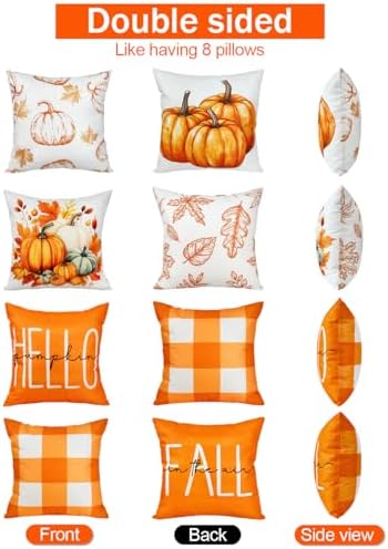 TOYPOPOR Fall Decorations for Home, 4 Packs Double Sided Throw Pillow Covers, Buffalo Plaid Thanksgiving Front Porch Farmhouse Cushion Cases Indoor Outdoor Autumn Decor for Couch, Living Room 20x20 - Image 2