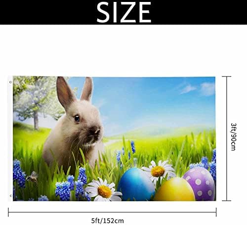 Yekiua Easter Bunny Rabbit Flag 3X5 Eggs On Green Grass With Daisies Flowers Uv Fade Resistant Vivid Color - Canvas Header Double Stitched Flag With Brass Grommets - Image 2