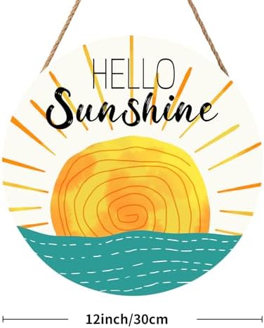 Summer Wreaths for Front Door Hello Sunshine Welcome Sign Summer Sunshine Decoration Wooden Door Hanger Sunset over Sea Farmhouse Hanging Plaque Sign for Home Porch Indoor Outdoor Outside 12”x12” - Image 2