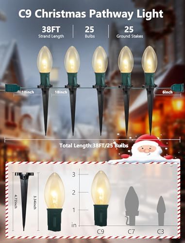 Christmas Pathway Lights Outdoor,38FT 25 Pcs Warm White Extendable Waterproof Walkway Lights with C9 Clear Bulbs and Stakes for Outdoor Yard Porch Driveway Backyard Christmas Decorations - Image 2