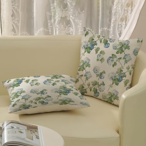 Blue Green Floral Pillow Covers 20x20 Inch 2 Pcs Vintage Flower Decor Throw Pillows Hydrangea Seasonal Spring Summer Outdoor Farmhouse Decoration Pillowcase Linen Cushion Cover for Couch Sofa Bed - Image 4