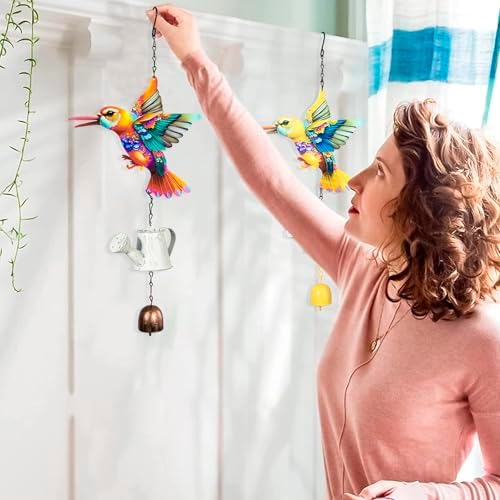 Metal Hummingbird Hanging Decor, Bird Wind Chime Bell Hanging Decor for Outdoor Garden Yard Doors Walls Living Rooms Bedrooms, 2 Pack (Bird-c-Kettle) - Image 2