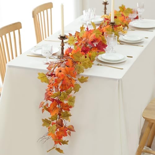 MIZII Fall Decor Artificial Maple Leaf Pumpkin Garland 6FT Fake Autumn Vines Garland Thanksgiving Halloween Harvest Decorations for Porch Mantle Table Centerpieces Fireplace Farmhouse (Yellow PK) - Image 3