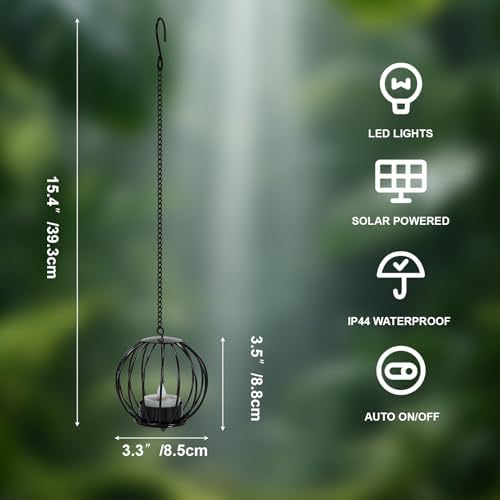 Edenseelake Solar Hanging Lanterns Outdoor Waterproof, Metal Ball Candle Holder with Flickering Solar Powered, Chargeable Solar Lights for Backyard Patio Garden Fence Tree Decoration, 4 Pack - Image 2