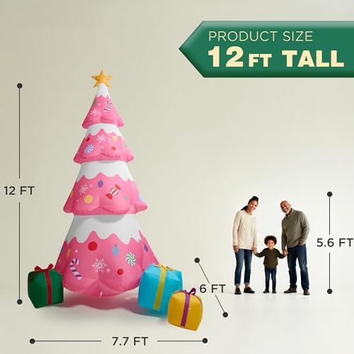 12 FT Pink Christmas Tree Inflatables Outdoor Decorations, Blow Up Candy-Themed Xmas Tree with Rotating Projection for Garden Lawn Holiday Decor - Image 4