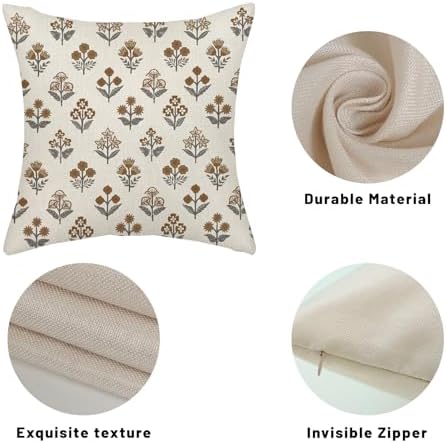Brown Grey Pillow Covers 18x18 Inch 2 Pcs Gray Block Print Vintage Floral Decor Throw Pillows Boho Flower Spring Summer Outdoor Seasonal Decoration Pillowcase Linen Cushion Cover for Couch Sofa - Image 7