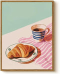 Framed Wall Art 12x16 Inch Coffee Cup and Croissant Canvas Print, Pastel Watercolor Breakfast Illustration Painting, Minimalist Modern Food Artwork Kitchen Dining Room Cafe Aesthetic Decor Gift by WHASAYART