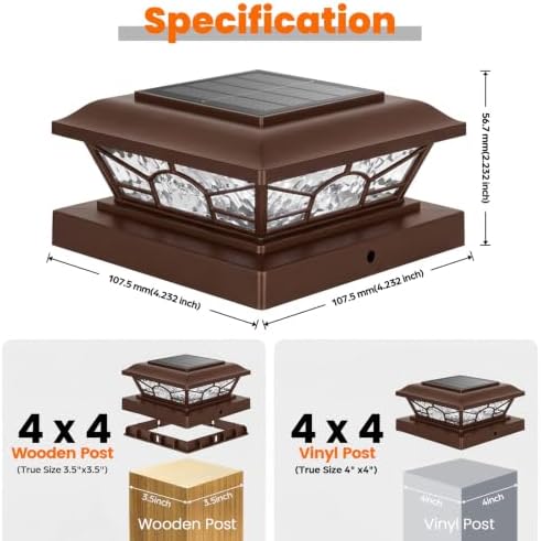 Brightever 4x4 Post Solar Lights, Solar Post Cap Lights Brown 4-Pack - Image 2