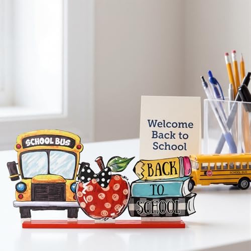 Smile Back to School Wooden Table Decor Book Stack, Polka Dot Apple, School Bus Desktop Signs - Classroom & Home Office Tabletop Decorations School Gift for Students, Teachers - Image 4