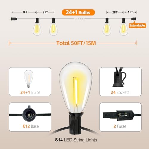 50FT S14 E12 Outdoor String Lights Waterproof Patio 24+1 (1 Spare) bulb - Image 3