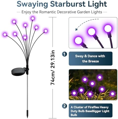 Slyuexu Solar Garden Lights Outdoor Waterproof, 2 Pack 16 LED Swaying Firefly Lights Outdoor Decor Light for Pathway Party Christmas Decoration, Unique Gifts for Women, Purple - Image 2
