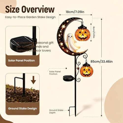 Solar Halloween Black Cat Garden Stake Light – Metal Crescent Moon & Pumpkin Lantern Yard Decor, Auto On/Off Waterproof LED Landscape Lighting for Patio Lawn Pathway (D) - Image 2