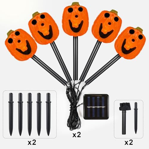 BRIGHTDECK Halloween Solar Pathway Lights Outdoor, LED Decor, Light Up Solar Stake Lights for Holiday, Halloween, Walkway, Sidewalk (Smile Pumpkin, 10-Pack) - Image 3