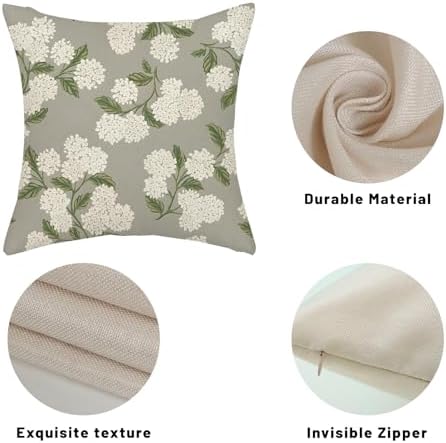 Grey Pillow Covers 22x22 Inch 2 Pcs Gray Green Hydrangea Flower Decor Throw Pillows Vintage Floral Seasonal Spring Summer Outdoor Decoration Pillowcase Linen Cushion Cover for Couch Sofa - Image 7